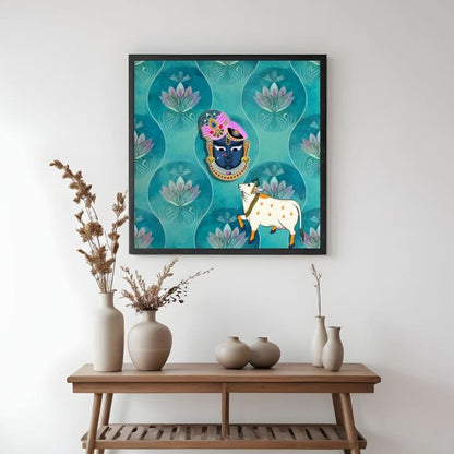 Pichwai Shrinathji against Aqua Floral background 9 x 9 inches