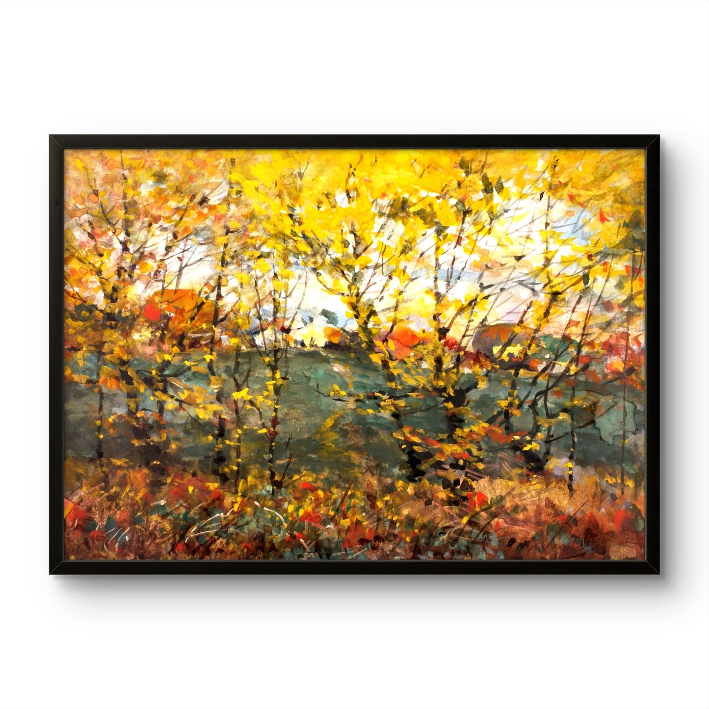 Framed painting of a colorful autumn landscape with trees and a house.