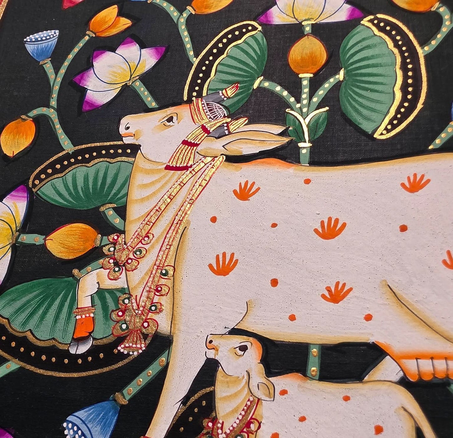 Handpainted Pichwai Cow Black Background