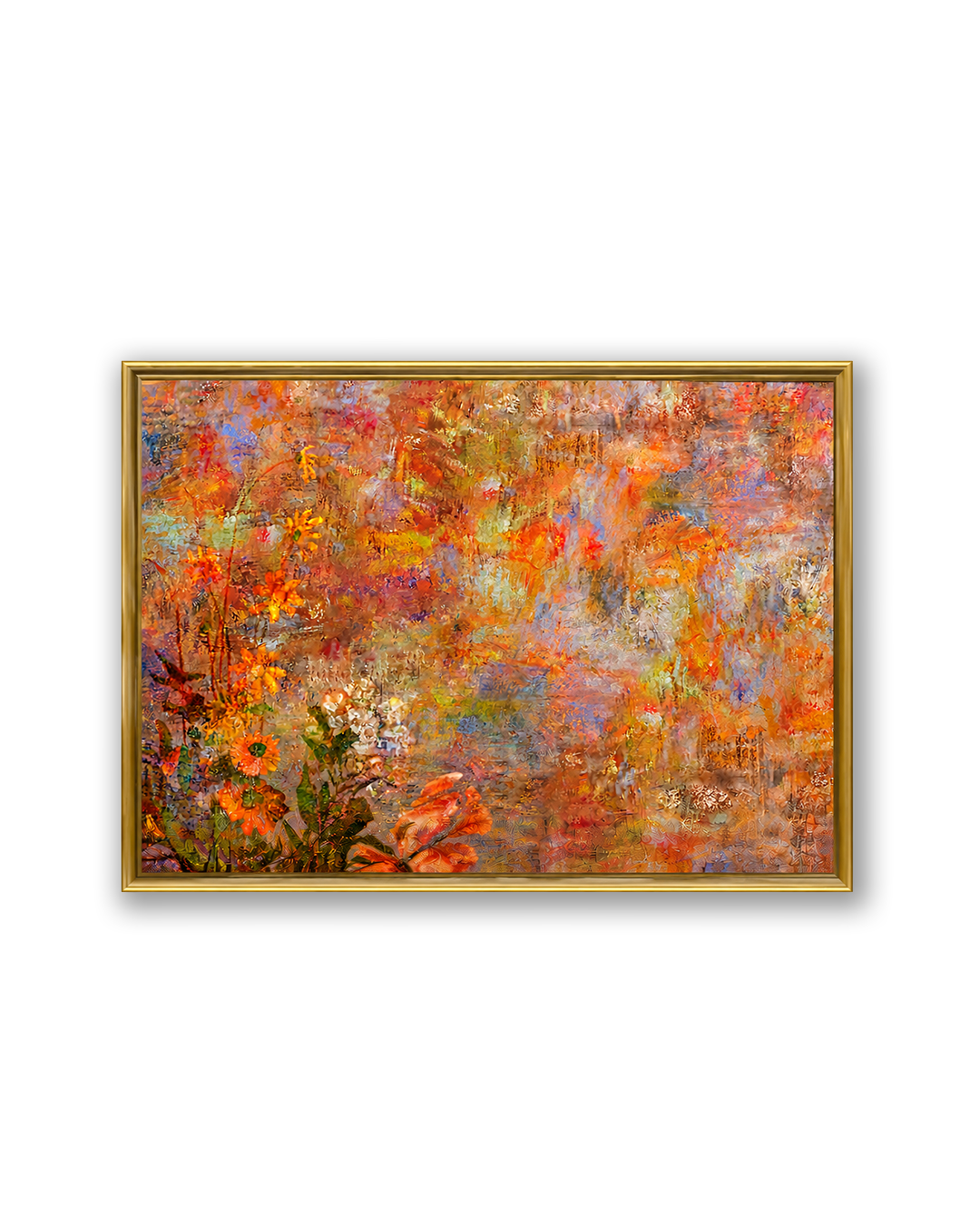 A framed abstract floral painting with expressive brushstrokes in orange, red, yellow, and blue, enclosed in a thin gold frame against a white background.