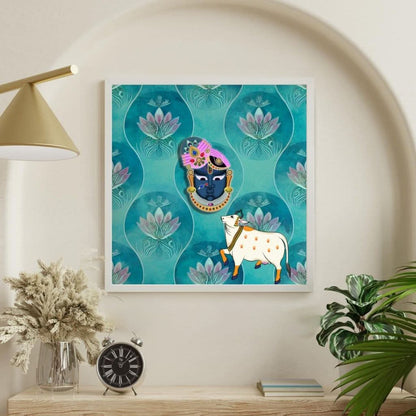 Pichwai Shrinathji against Aqua Floral background 9 x 9 inches