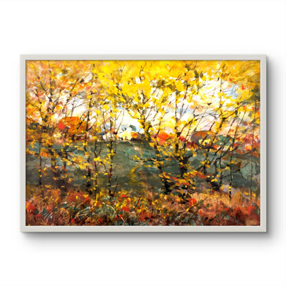 Framed painting of a colorful autumn landscape with trees and a house.