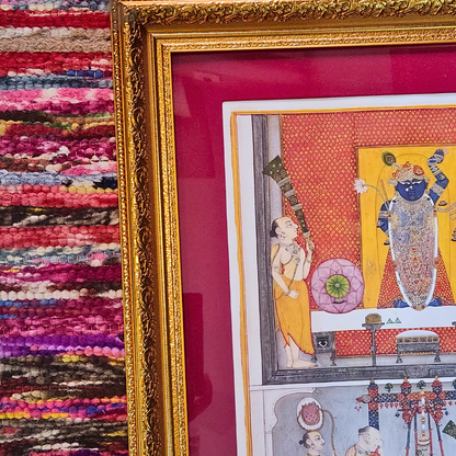 Priests before Lord Shrinathji- Gold Frame with Carving 20.6 x 17 inches