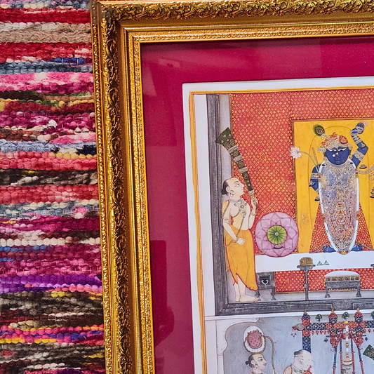 Priests before Lord Shrinathji- Gold Frame with Carving 20.6 x 17 inches