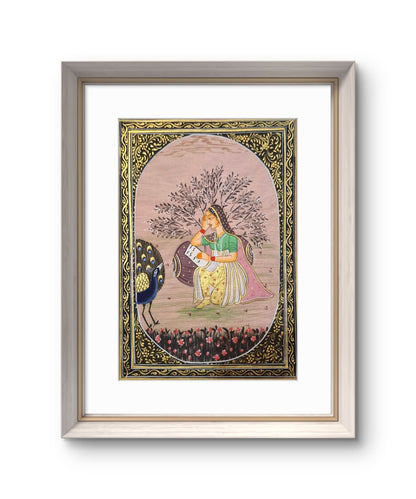 Lady with a peacock- Handpainted Miniature 16.5 x 11.5 cms