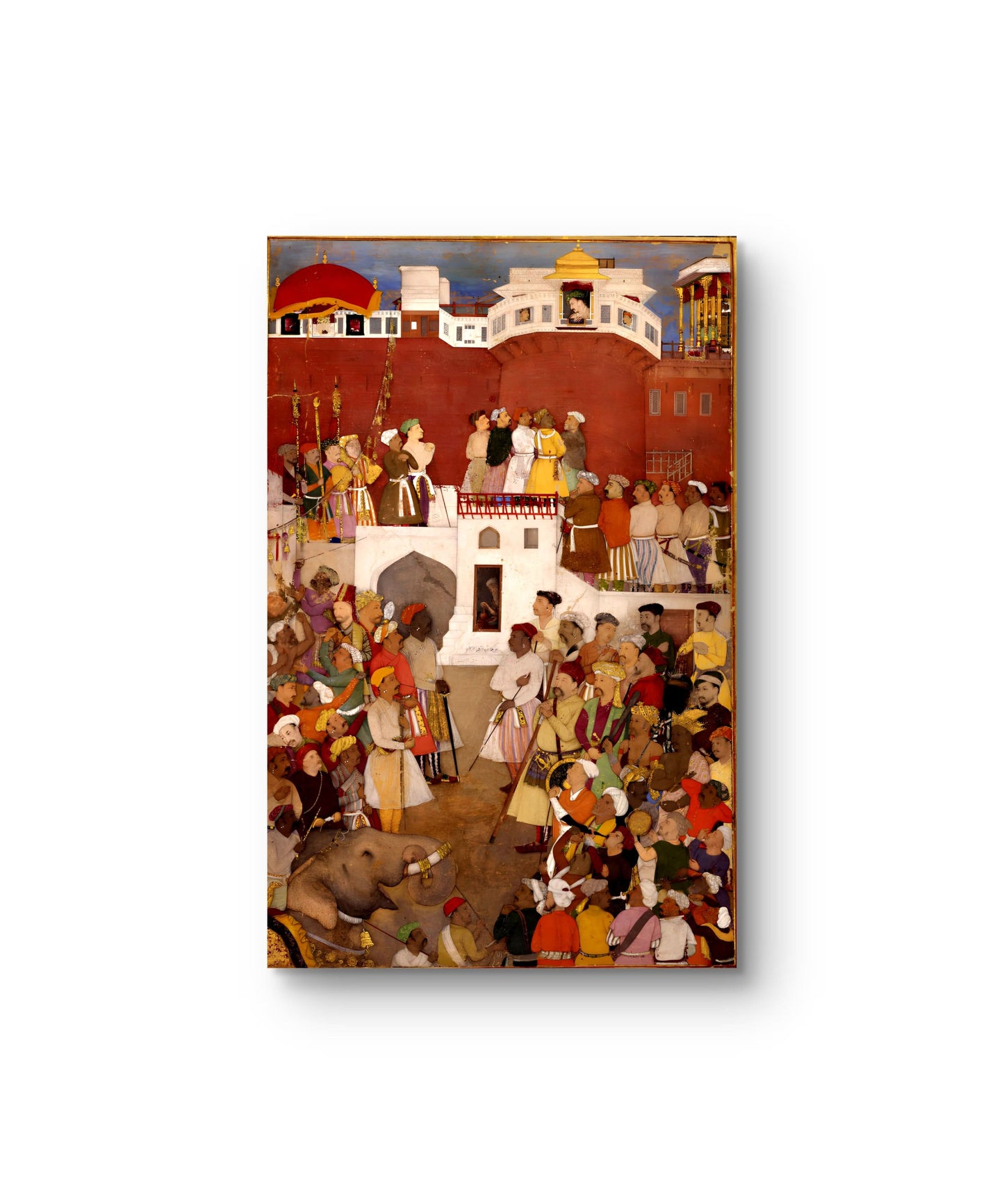 Painting of a bustling street scene with people and an elephant on a white background