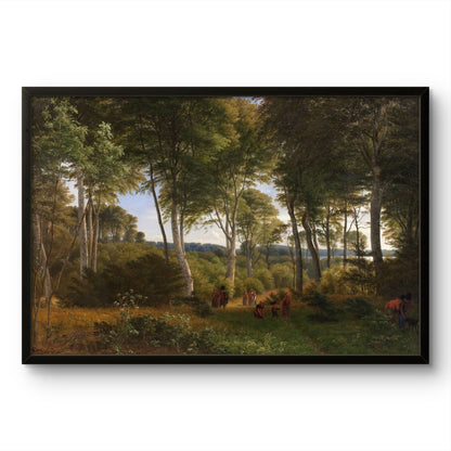 Framed painting of a forest scene with people walking through a wooded area.
