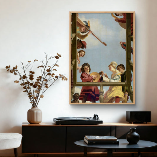 Living room with a framed classical painting above a turntable on a wooden cabinet.