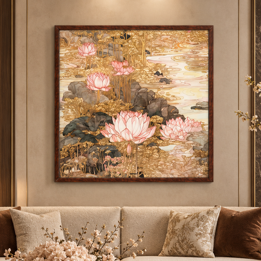 A framed wall art piece depicting pink lotus flowers and lily pads in a pond, styled above a beige sofa in a luxurious living room with marble and gold accents.