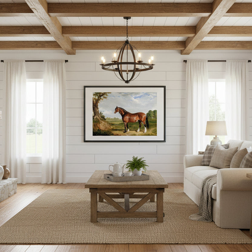 Framed painting of a horse in a pastoral landscape