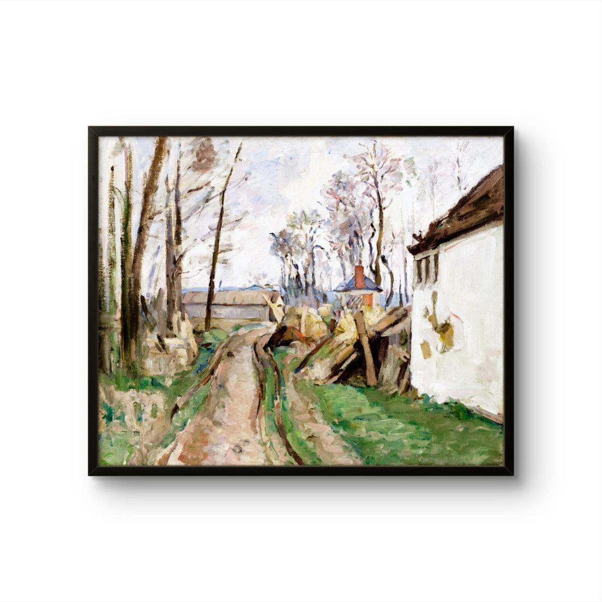 Framed artwork of a landscape with a path, trees, and buildings.