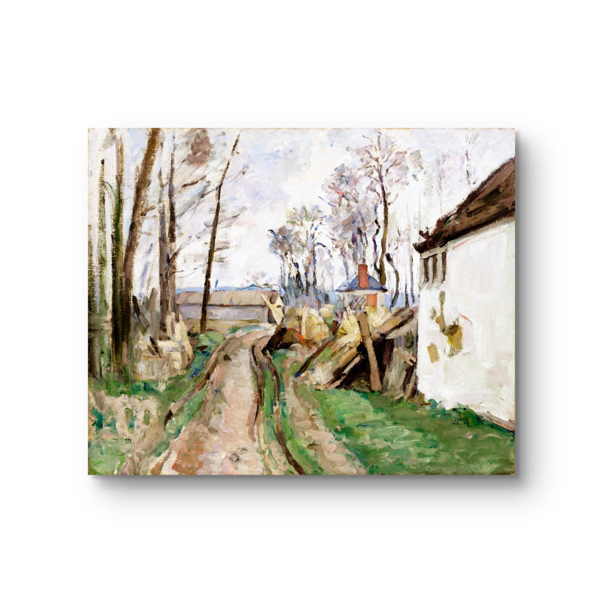 Painting of a rural landscape with a path, trees, and buildings.