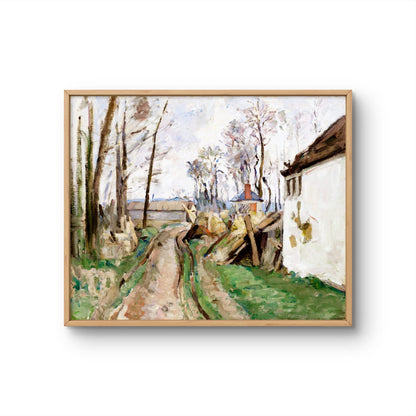 Framed painting of a rural landscape with a path and buildings.