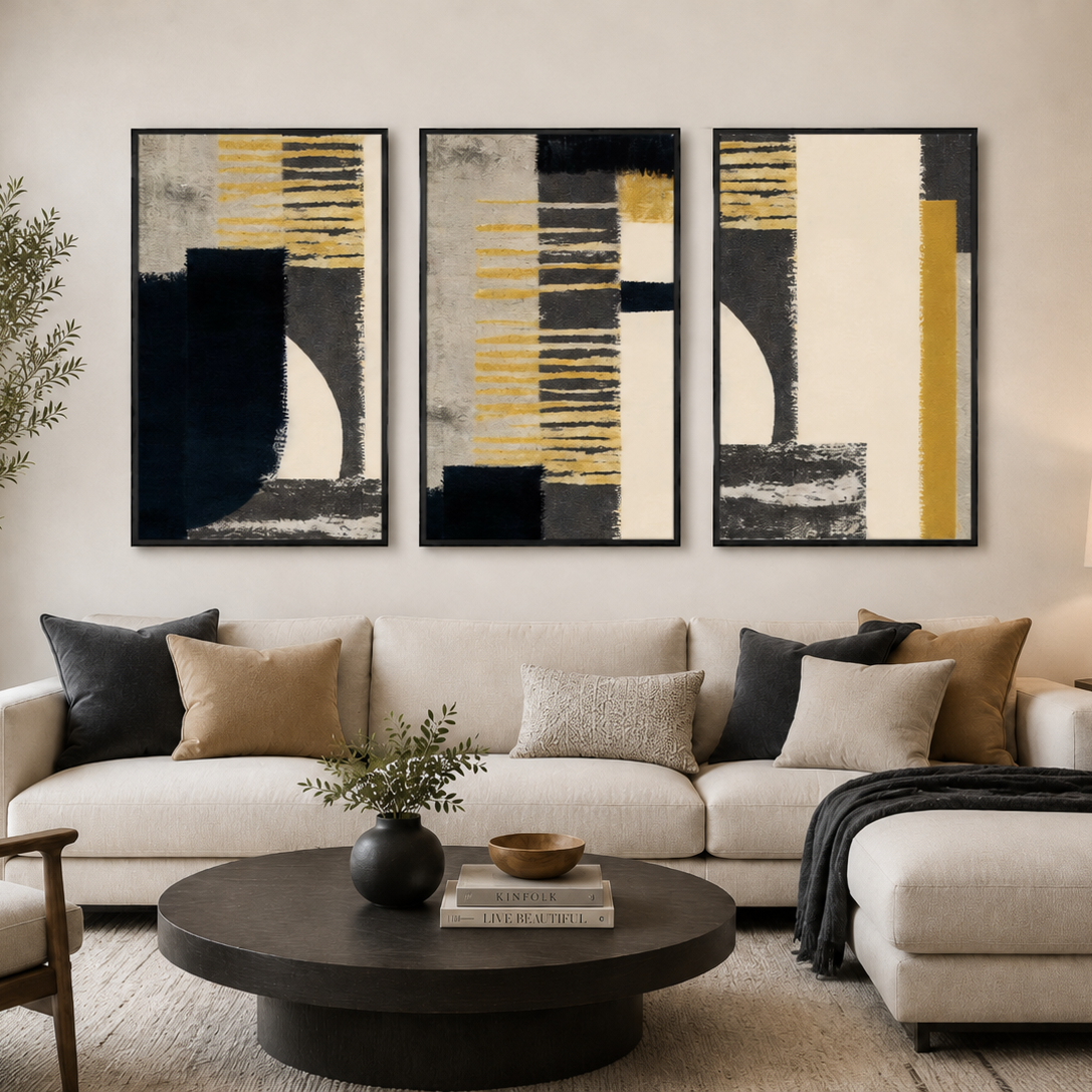 A modern living room featuring a three-piece abstract wall art set with black, gray, white, and yellow geometric patterns, hung above a beige sectional sofa.