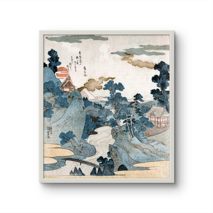Framed artwork of a traditional Japanese landscape with mountains, trees, and a house.