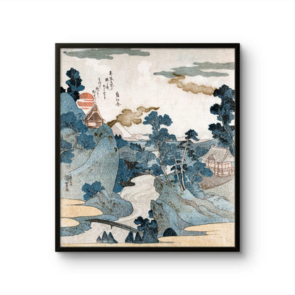 Framed artwork of a traditional Japanese landscape with mountains and houses.