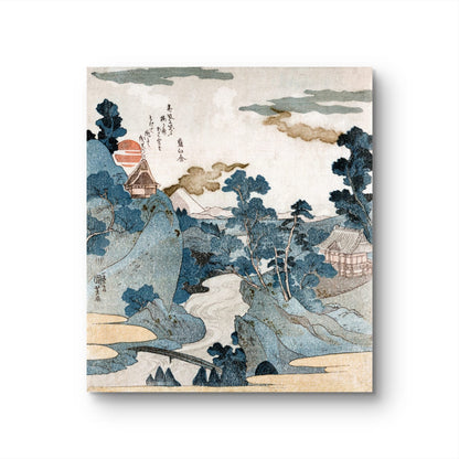 Traditional Japanese landscape print with mountains, trees, and buildings.