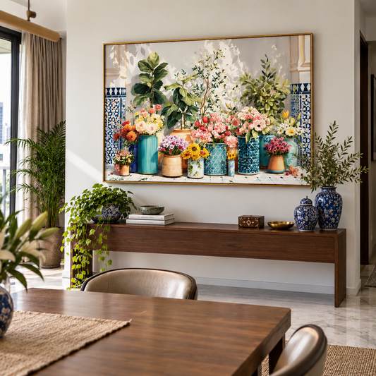 A large framed wall art print depicting a colorful arrangement of flowers in blue and teal vases, displayed in a modern dining room setting above a wooden console table.
