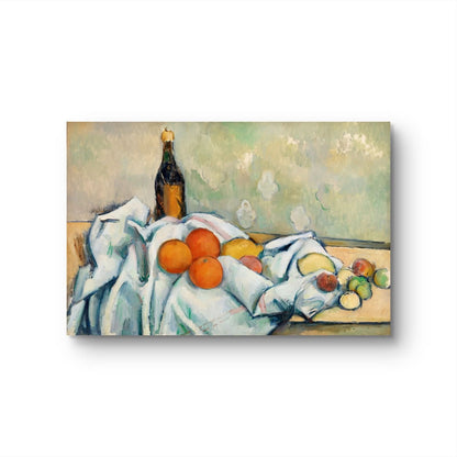 Still life painting with fruits and a bottle on a tablecloth