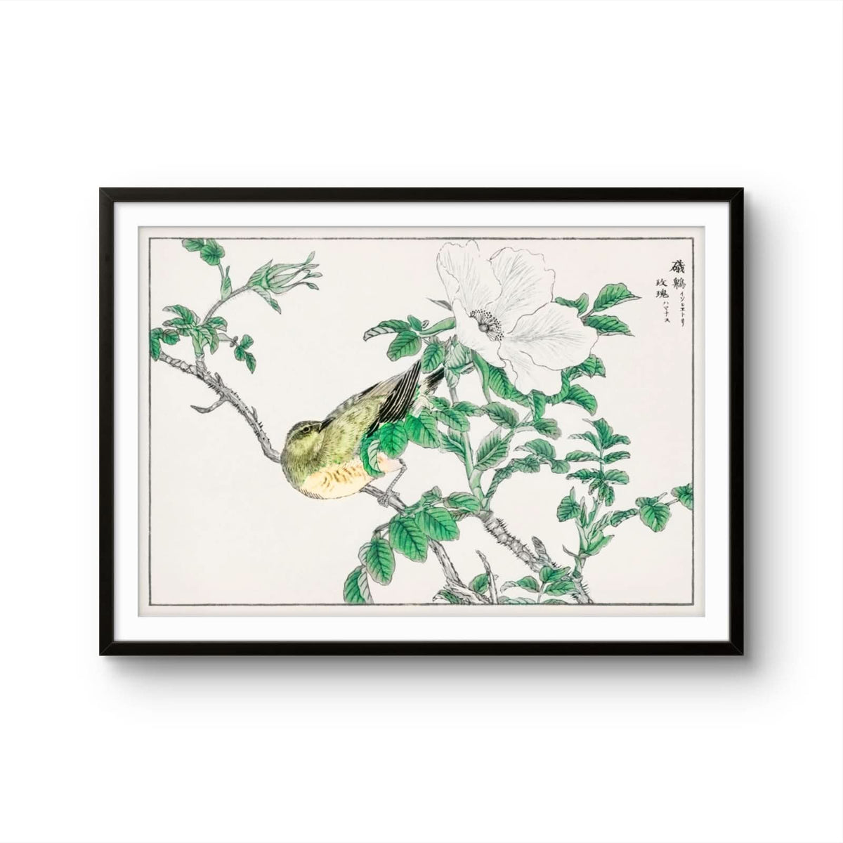 Framed artwork of a bird perched on a branch with leaves and flowers.