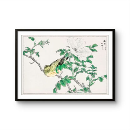 Framed artwork of a bird perched on a branch with leaves and flowers.