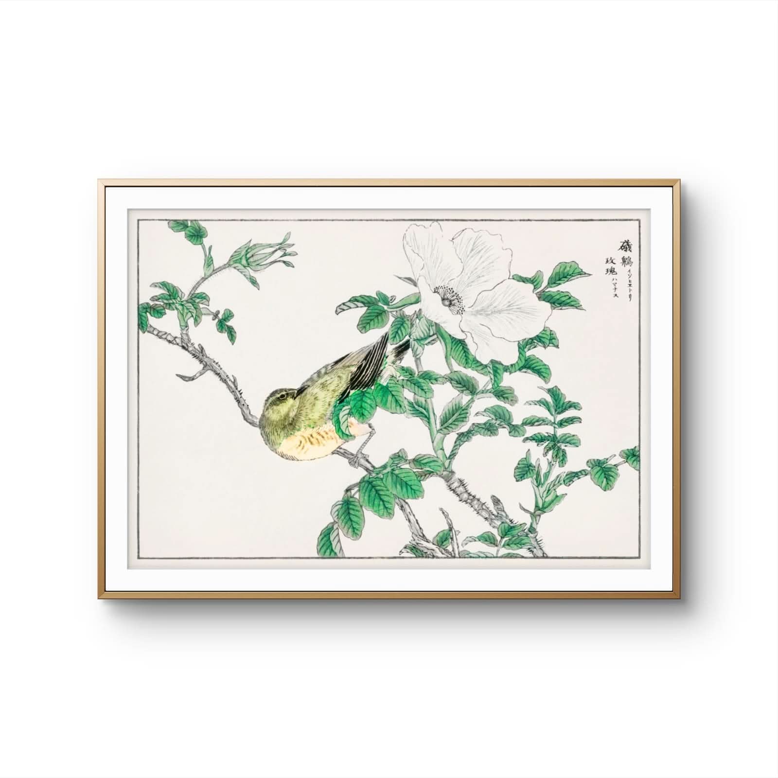 Framed artwork of a bird perched on a branch with leaves and flowers.
