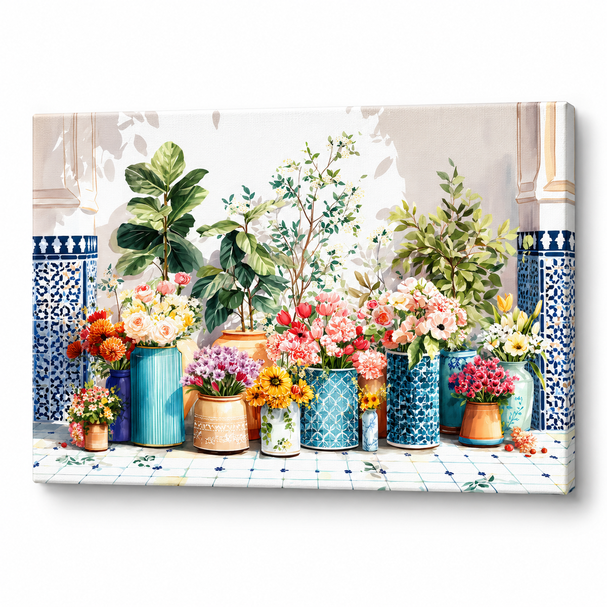 A rectangular canvas wall art print showing a colorful arrangement of potted plants and flowers in blue patterned vases, displayed against a white wall with a subtle shadow.
