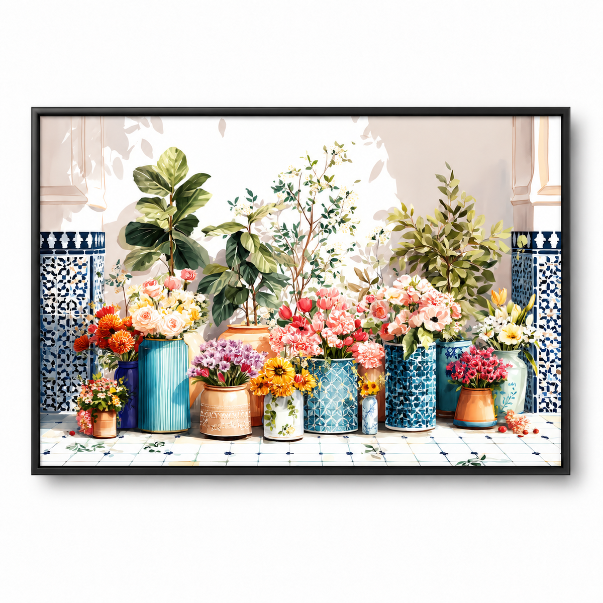 A framed wall art print depicting a colorful arrangement of potted plants and flowers in blue patterned vases, shown against a light gray background.