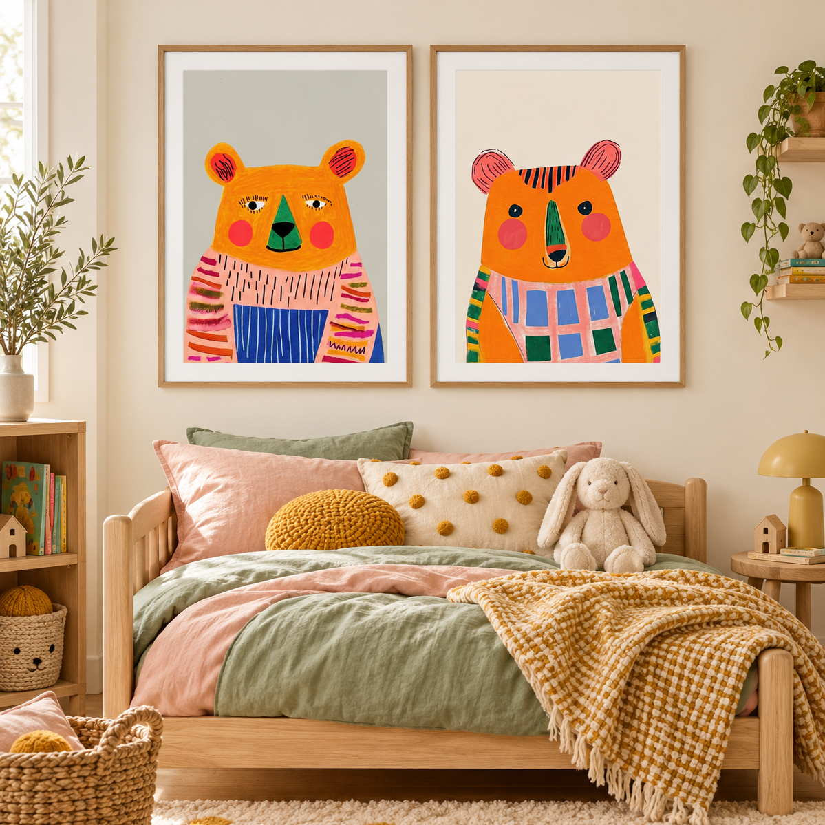 A styled children's bedroom featuring two framed colorful bear art prints on a beige wall above a wooden bed with pastel bedding and a yellow check blanket.