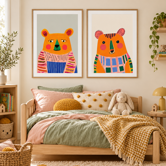 A styled children's bedroom featuring two framed colorful bear art prints on a beige wall above a wooden bed with pastel bedding and a yellow check blanket.