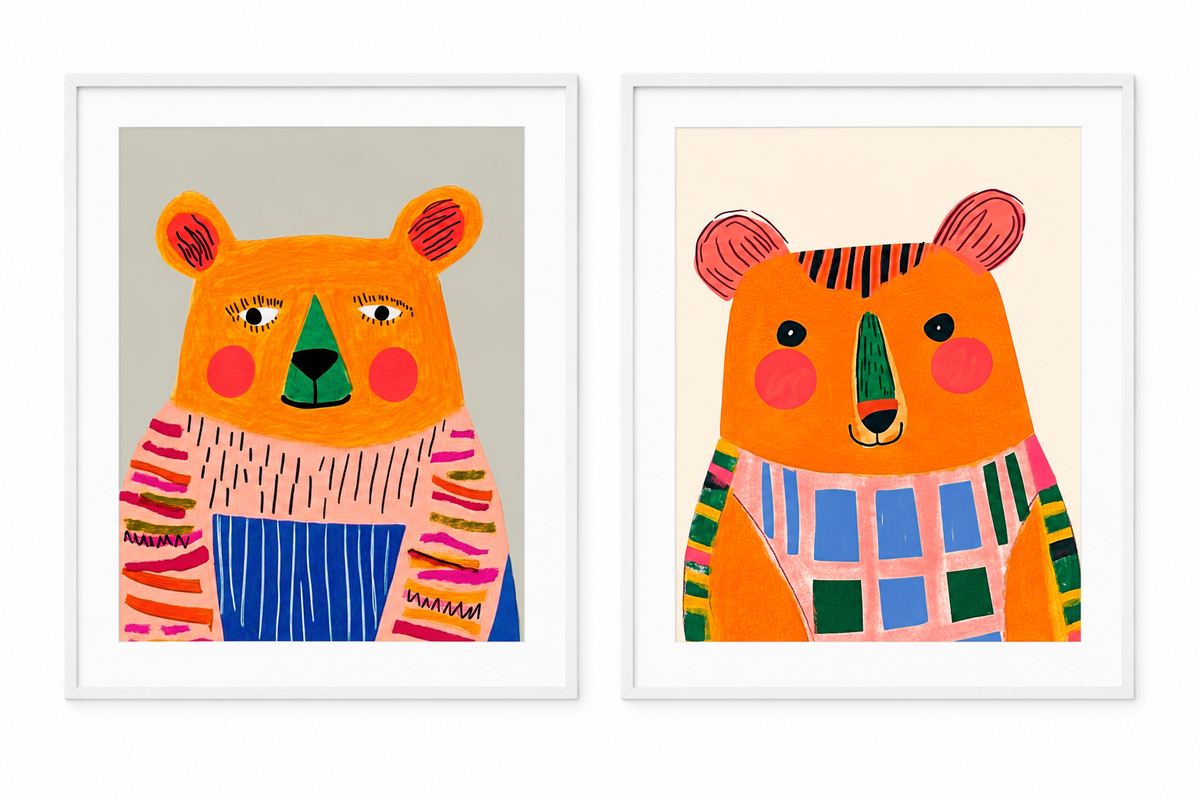 Two framed colorful bear art prints side by side on a white background. Each print shows a stylized orange bear with pink ears and cheeks, a green nose, and a patterned sweater in different color schemes.