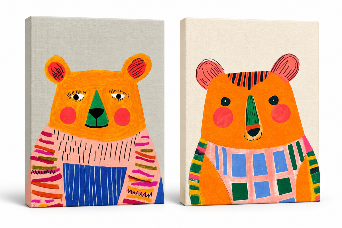 Two small canvas wall art pieces showing stylized orange bears wearing colorful striped and checkered sweaters, displayed against a light neutral background.