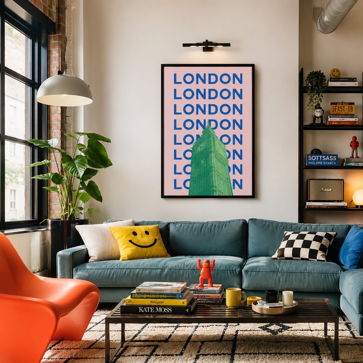 A framed poster featuring the word 'LONDON' repeated in blue with a green skyscraper graphic on a pink background, displayed above a teal sofa in a modern living room.
