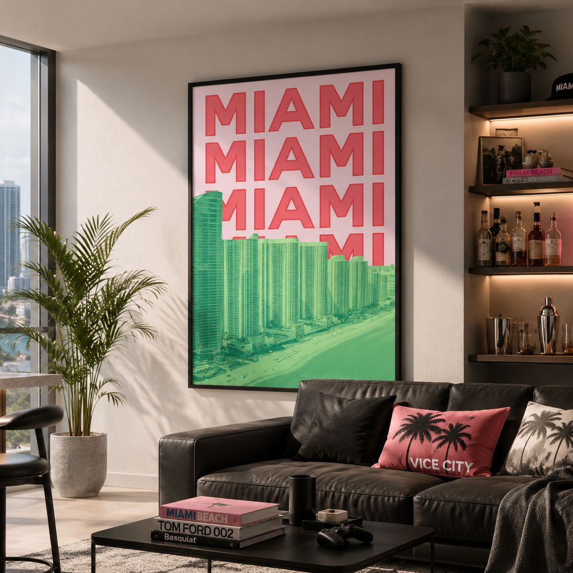 A framed Miami cityscape art print hangs on a wall in a modern living room. The poster features bold pink 'MIAMI' text over a green skyline.