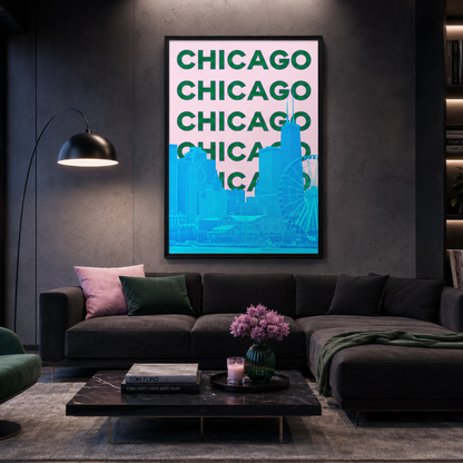 A framed wall art print featuring the word 'CHICAGO' repeated in green over a bright blue city skyline, displayed above a dark sectional sofa in a modern living room.