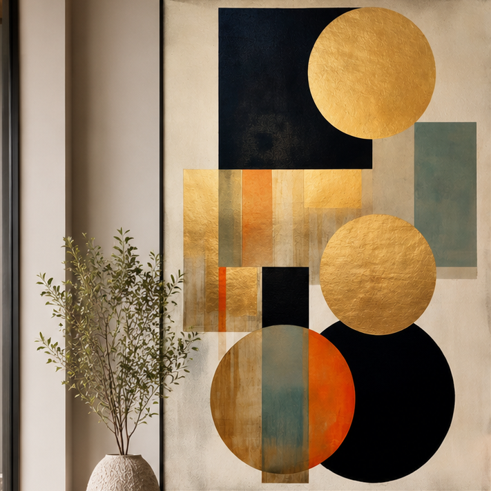 A large framed abstract wall art print hangs above a wooden console in a modern living room. The artwork features large circles and geometric blocks in gold, black, beige, orange, and muted blue-green tones on a cream background.