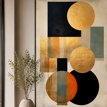 A large framed abstract wall art print hangs above a wooden console in a modern living room. The artwork features large circles and geometric blocks in gold, black, beige, orange, and muted blue-green tones on a cream background.