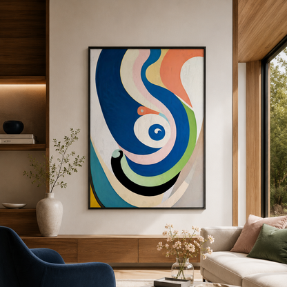 A framed abstract wall art print with flowing curved lines in blue, teal, orange, cream, green, black, and white, displayed in a modern living room setting above a round coffee table and next to a blue armchair.