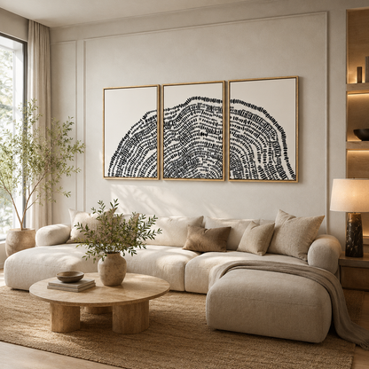 Modern living room with a beige sectional sofa, round wooden coffee table, and abstract wall art.