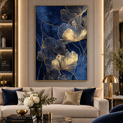 A large framed wall art piece featuring abstract blue and gold floral shapes, displayed above a beige sofa in a modern living room with gold lamps, marble coffee tables, and navy blue pillows.