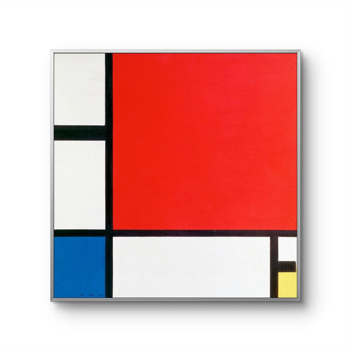 Framed abstract art with red, blue, white, and yellow squares on a white background