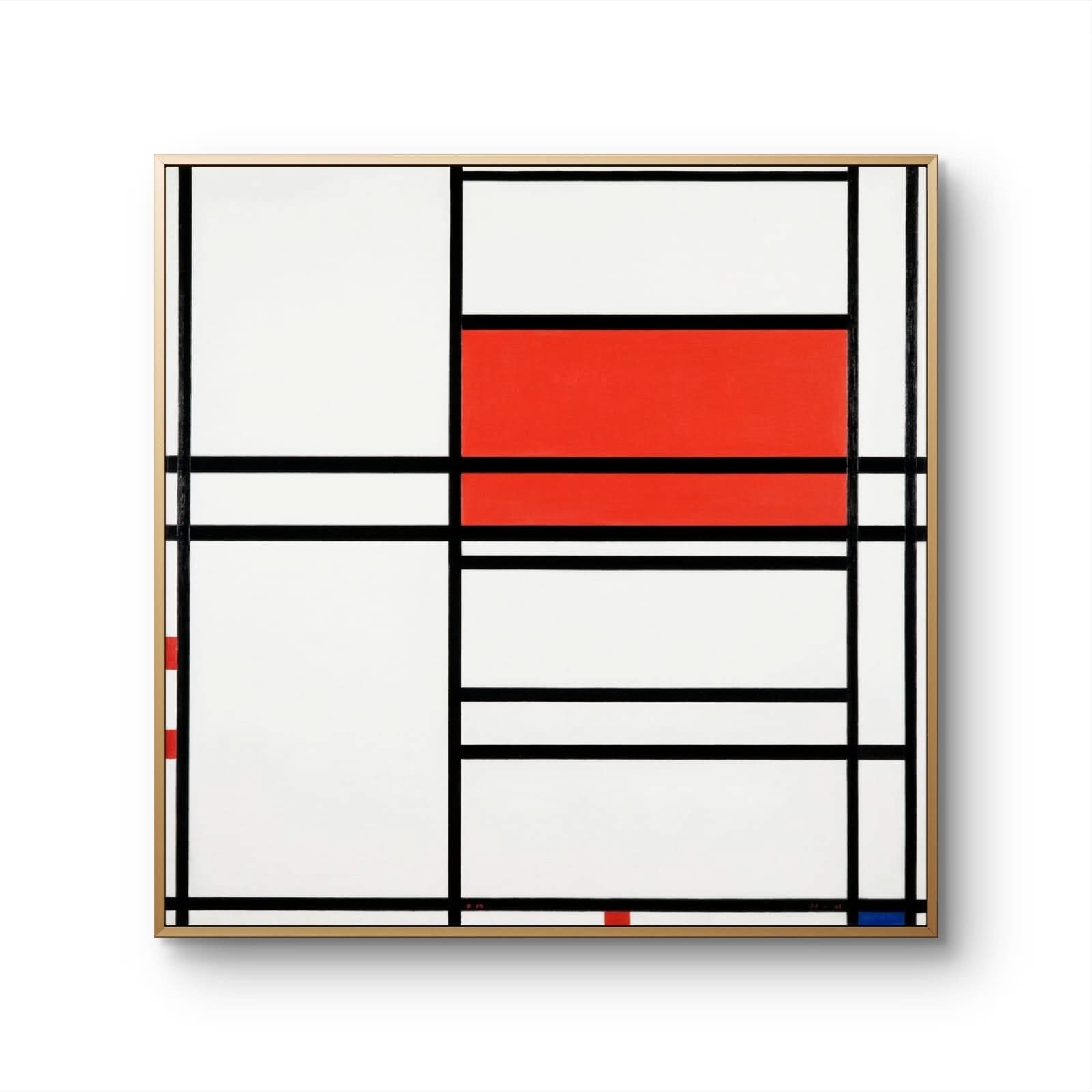 Framed abstract art with red, black, and white colors on a white background