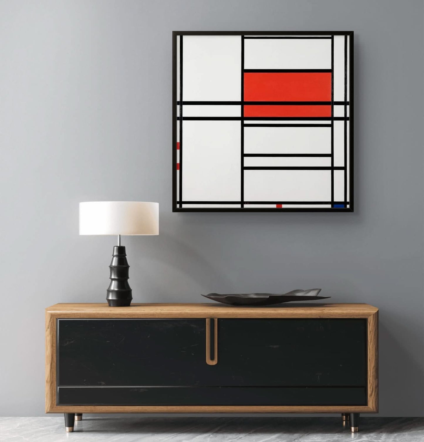 Modern interior design with a geometric abstract painting, wooden cabinet, and lamp.