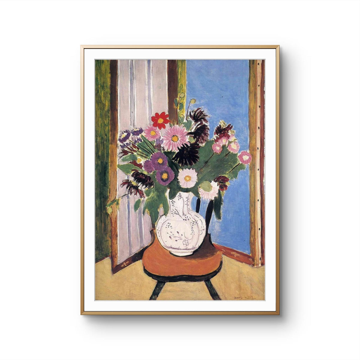 Framed artwork of a vase with flowers in front of an open window