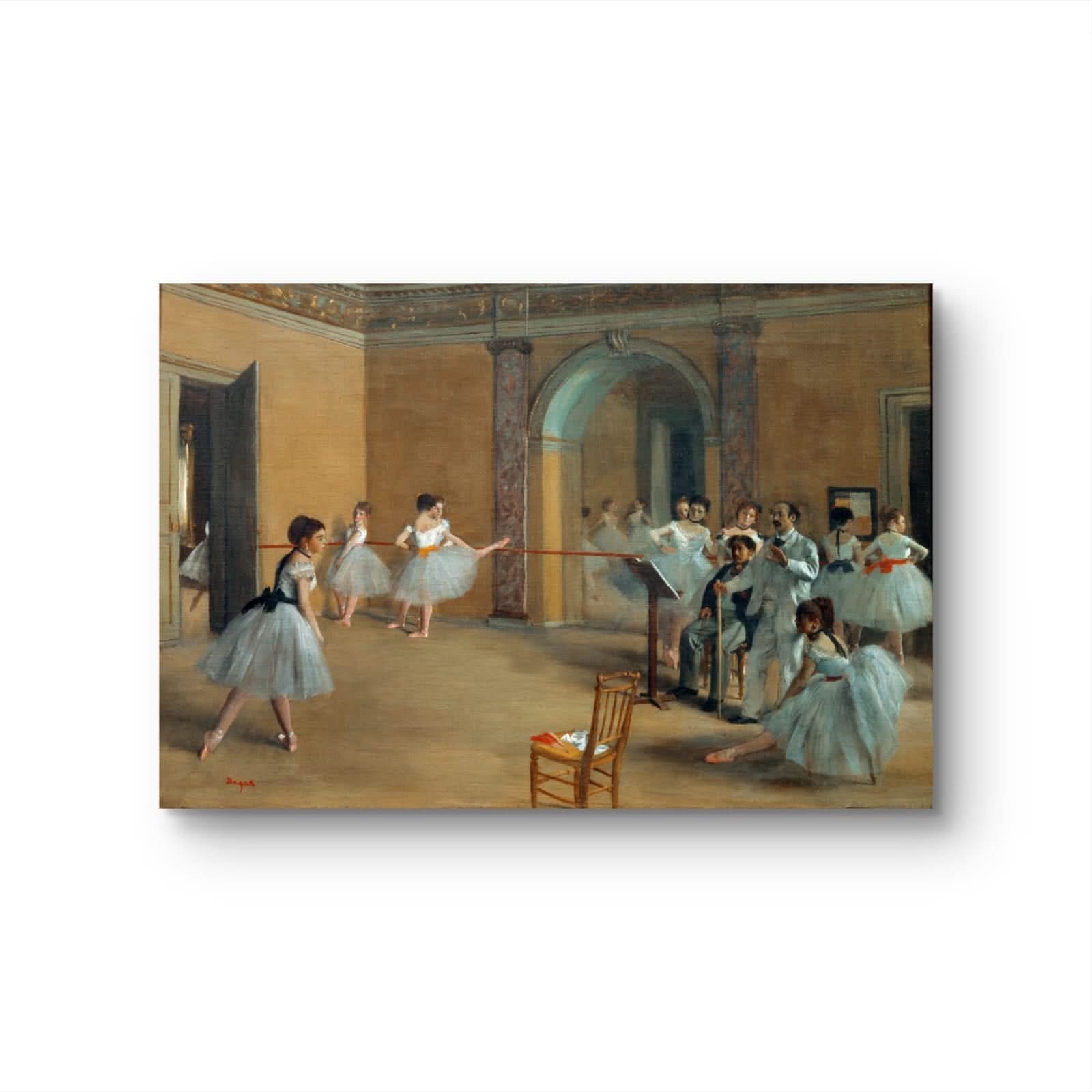 Painting of dancers in a studio with a teacher and audience.