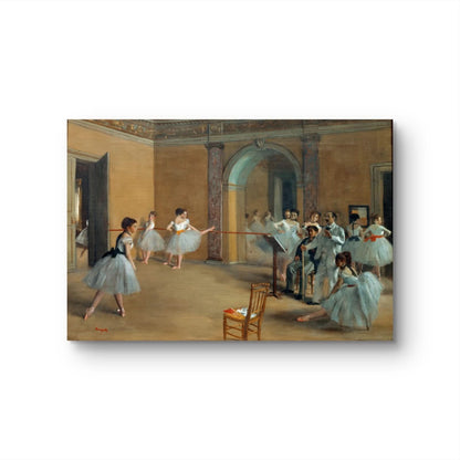 Painting of dancers in a studio with a teacher and audience.