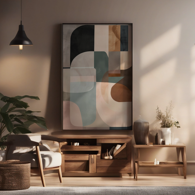 Modern living room with wooden furniture, abstract art, and plants.