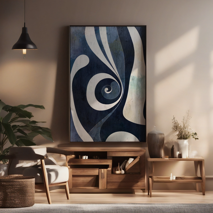 Modern living room with abstract wall art, wooden furniture, and plants.