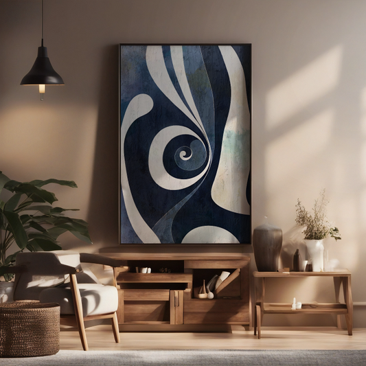 Modern living room with abstract wall art, wooden furniture, and plants.