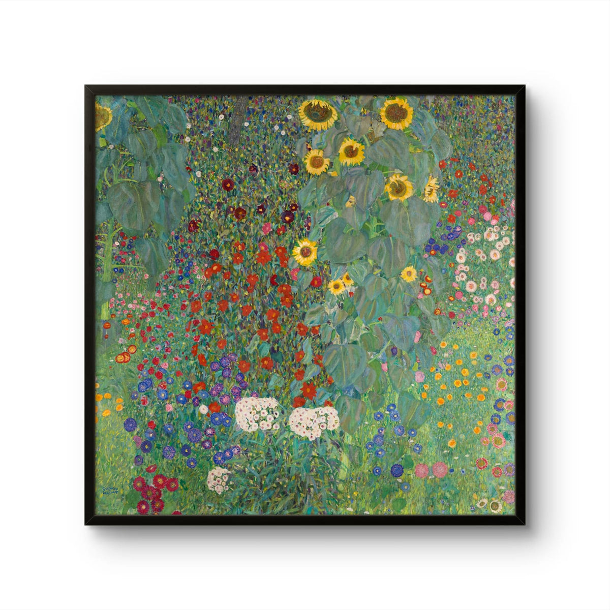 Framed artwork of a colorful floral design on a white background